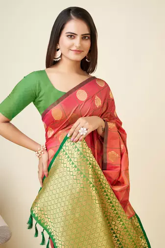 Pink soft blend silk woven gold zari weaving mysore saree