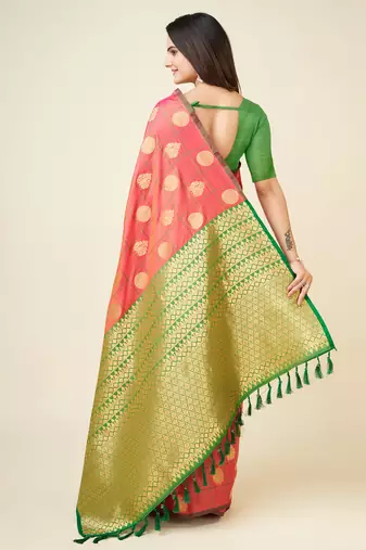 Pink soft blend silk woven gold zari weaving mysore saree