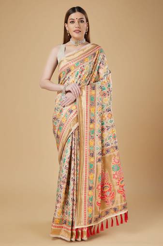 Cream soft silk minakari zari weaving banarasi saree