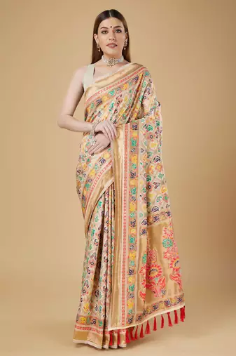Cream soft silk minakari zari weaving banarasi saree