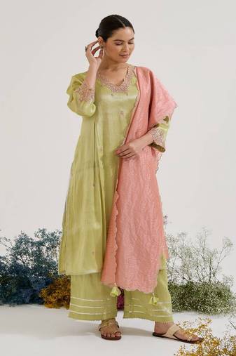 Lime embroidered tissue kurta set