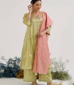 Lime embroidered tissue kurta set