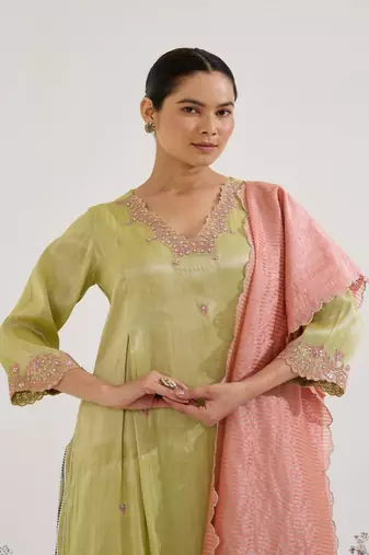 Lime embroidered tissue kurta set