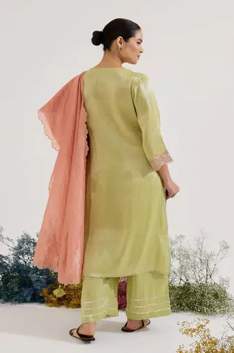 Lime embroidered tissue kurta set