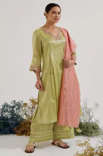 Lime embroidered tissue kurta set