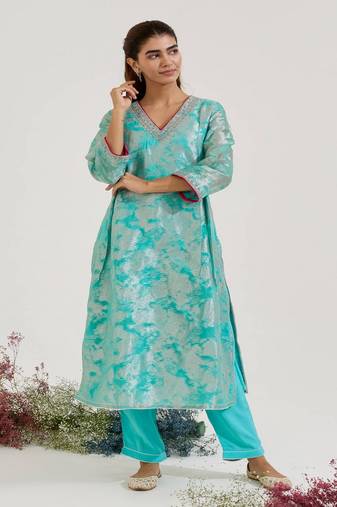 Aqua Blue printed jacquard kurta set