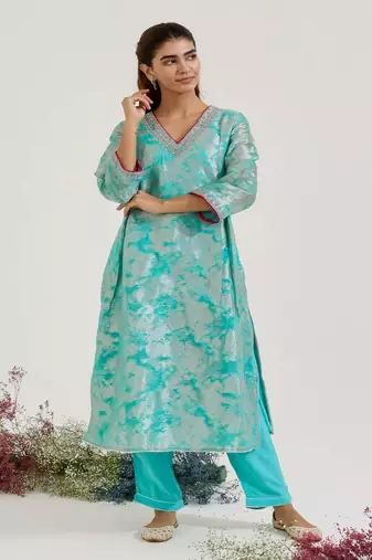 Aqua Blue printed jacquard kurta set