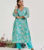 Aqua Blue printed jacquard kurta set