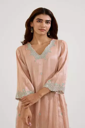 Pink embroidered tissue kurta set