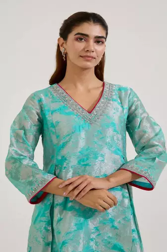 Aqua Blue printed jacquard kurta set