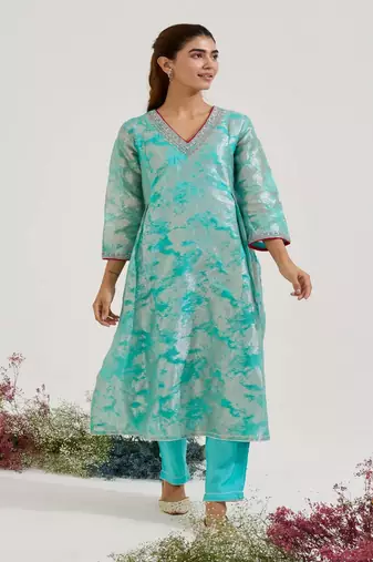 Aqua Blue printed jacquard kurta set