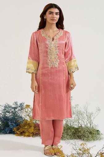 Red embroidered tissue kurta set