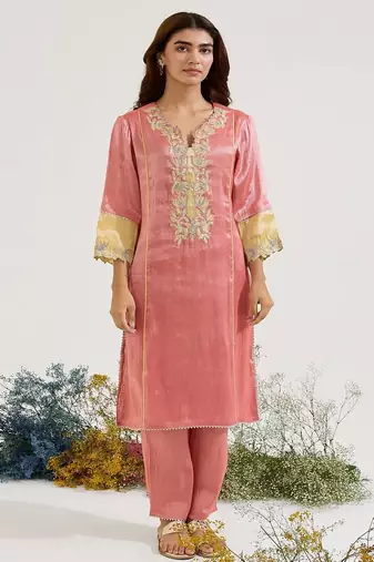 Red embroidered tissue kurta set