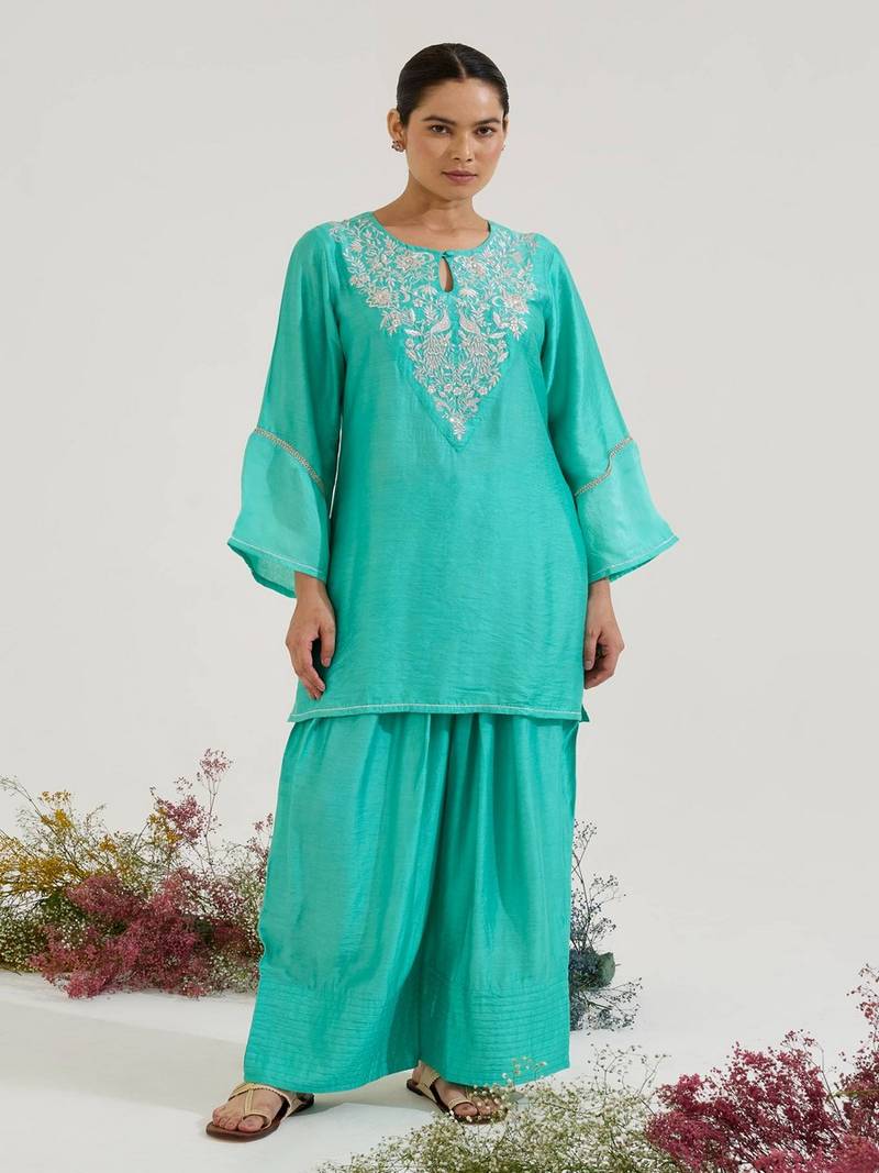 Aqua Blue embroidered chanderi kurta set