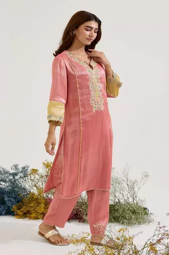 Red embroidered tissue kurta set