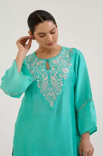 Aqua Blue embroidered chanderi kurta set