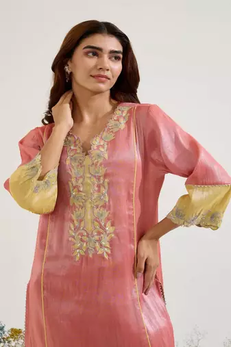 Red embroidered tissue kurta set