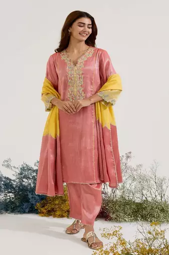 Red embroidered tissue kurta set