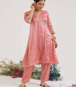 Red embroidered tissue kurta set