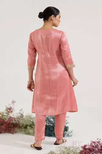 Red embroidered tissue kurta set