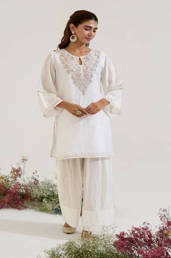 White embroidered chanderi kurta set