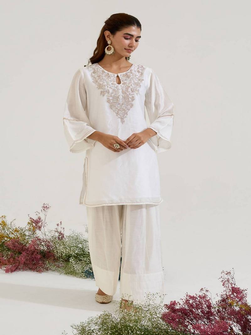 White embroidered chanderi kurta set
