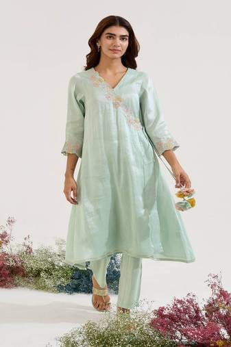 Mint Green embroidered tissue kurta set