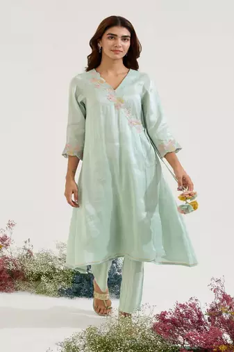 Mint Green embroidered tissue kurta set