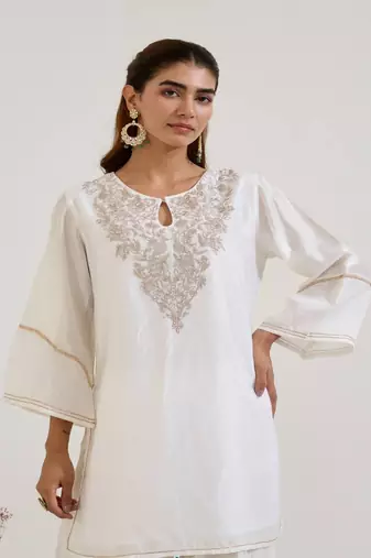 White embroidered chanderi kurta set