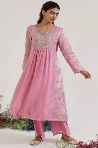 Lilac embroidered jacquard kurta set