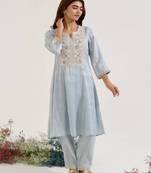 Blue embroidered tissue kurta set