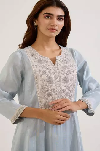 Blue embroidered tissue kurta set