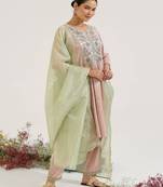 Pink embroidered tissue kurta set