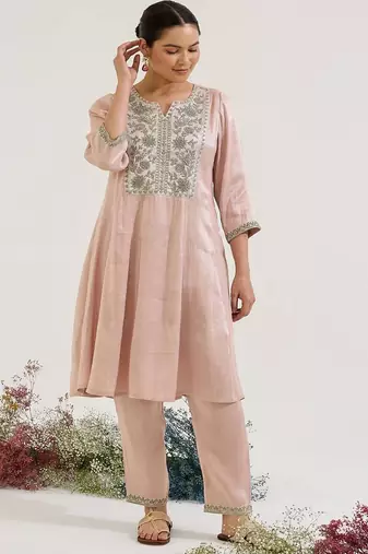 Pink embroidered tissue kurta set
