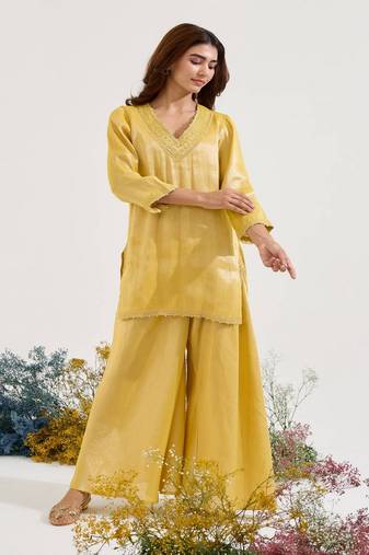 Mustard embroidered tissue kurta set
