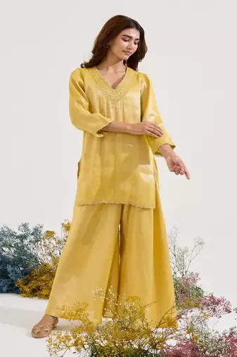 Mustard embroidered tissue kurta set