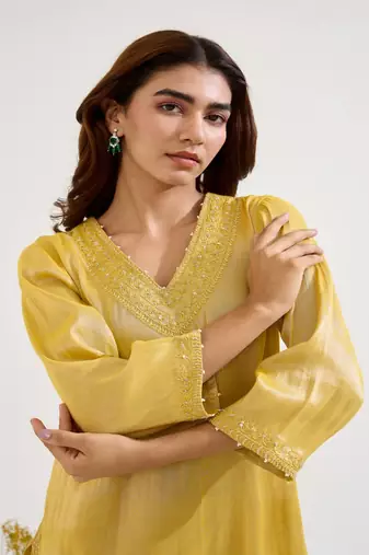 Mustard embroidered tissue kurta set