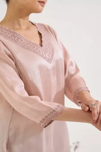 Pink embroidered tissue kurta set