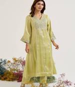 Lime embroidered tissue kurta set