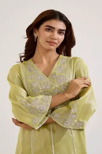Lime embroidered tissue kurta set