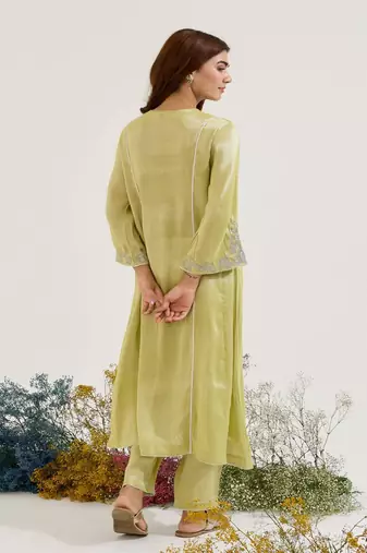 Lime embroidered tissue kurta set