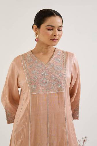 Pink embroidered tissue kurta set