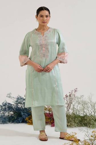 Mint Green embroidered tissue kurta set