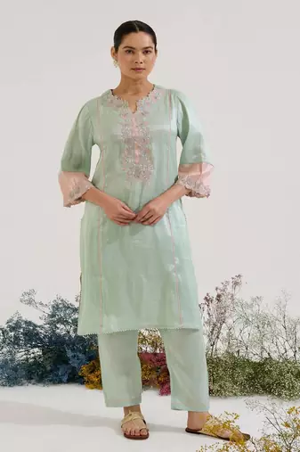 Mint Green embroidered tissue kurta set