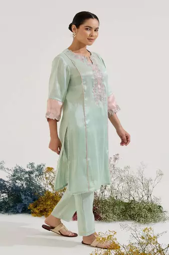 Mint Green embroidered tissue kurta set