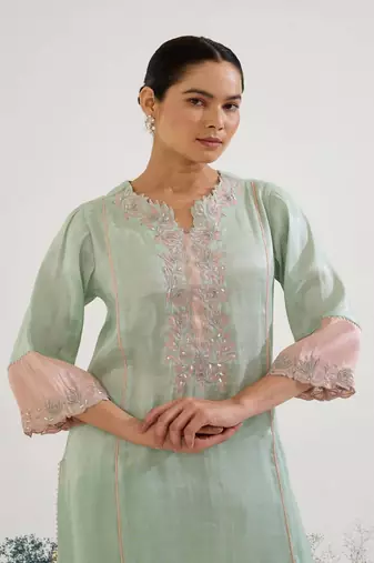 Mint Green embroidered tissue kurta set