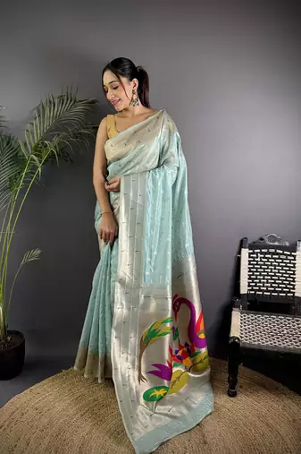 Pale blue heavy tissue mina butti zari weaving paithani saree
