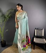 Pale blue heavy tissue mina butti zari weaving paithani saree