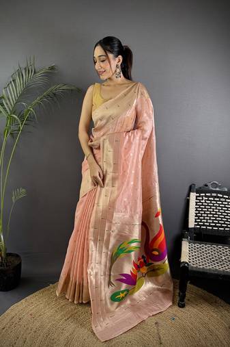 Coral pink heavy tissue mina butti zari weaving paithani saree