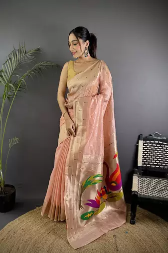 Coral pink heavy tissue mina butti zari weaving paithani saree